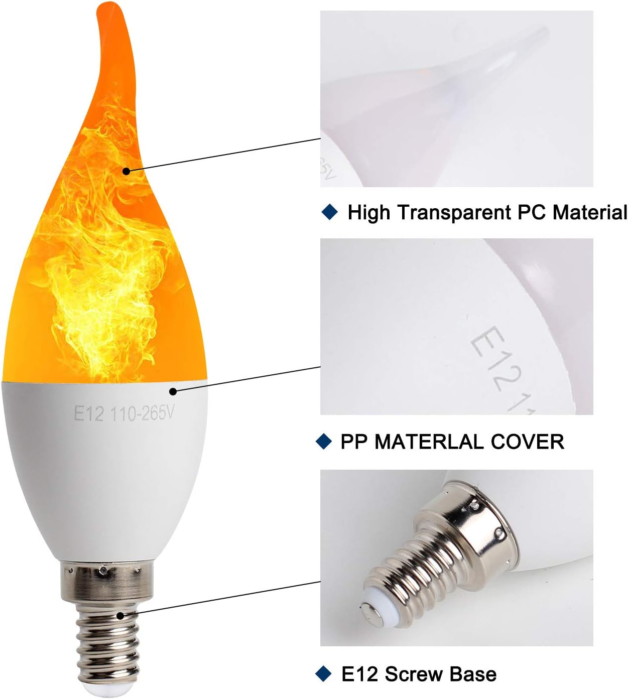 AOMRYOM 4 Pack LED Simulated Fire Flicker Flame Candelabra Light Bulb, E12 Base 2W 1800K Warm White, 3 Modes (Emulation General Breathing) for Home Bar Party Decoration - Candle Flame Tip