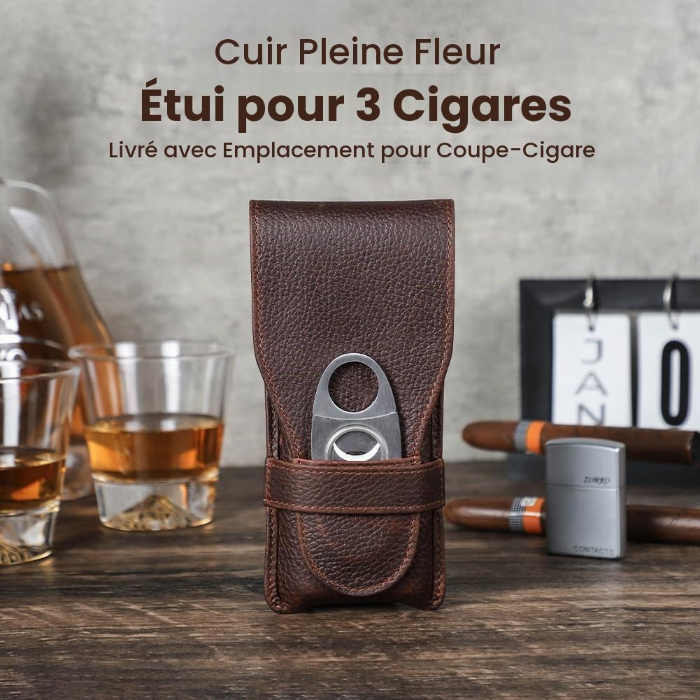 Hiram - Étui à cigares en cuir véritable avec humidificateur portable multifonctionnel pour voyage - Boîte à cigares et étui à pipe à tabac pour hommes, For 3 Cigars, Vintage