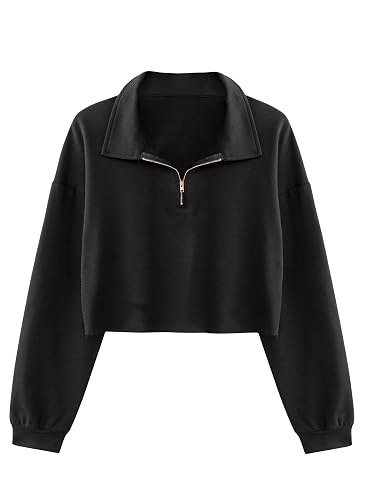 Remidoo Women's Striped Crop Top Sweatshirt Long Sleeve Collared Half Button Pullover Rainbow Shirt - Medium - Solid Black