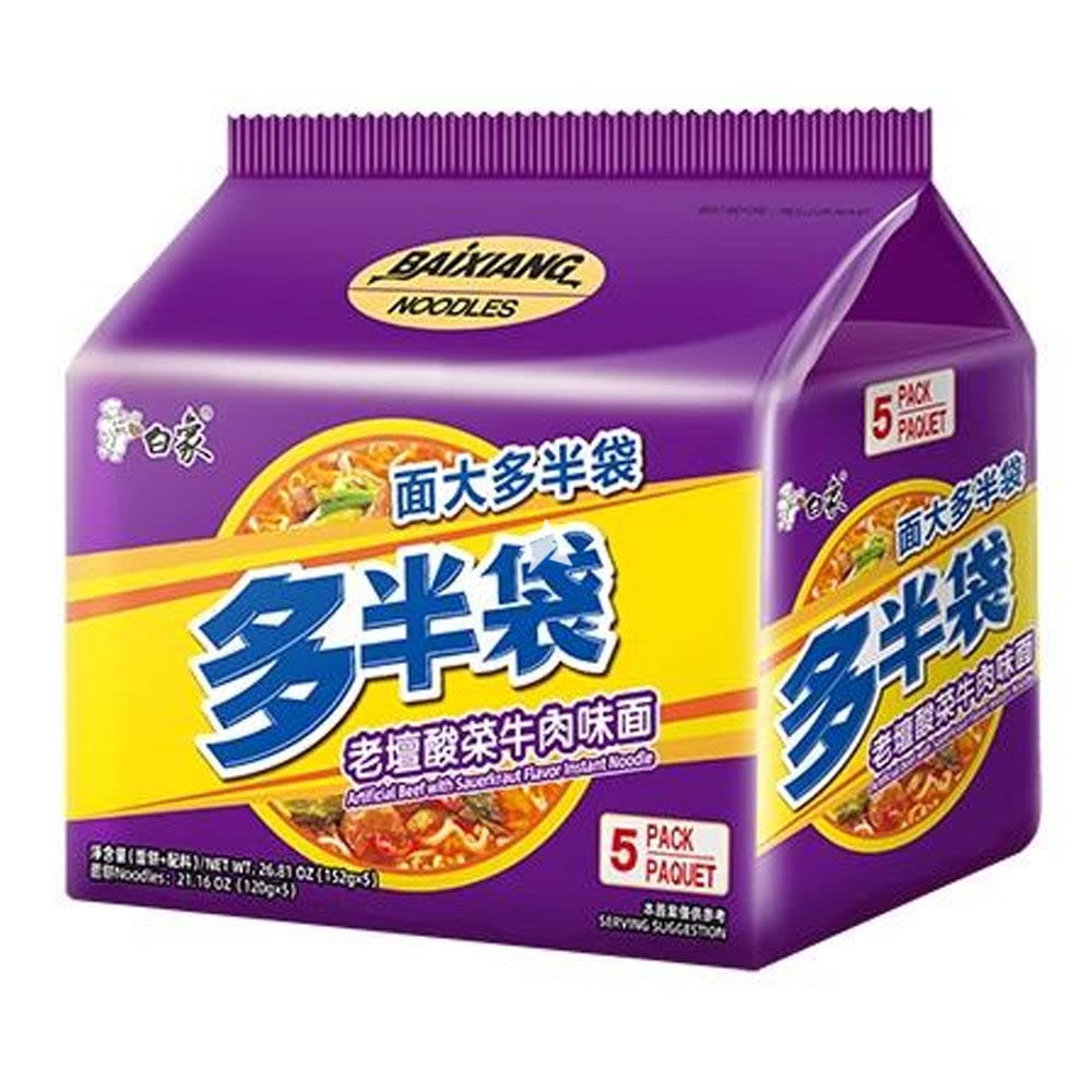 Baixiang Instant Noodle Artificial Spicy Beef with Sauerkraut Flavour 152g (Pack of 5)