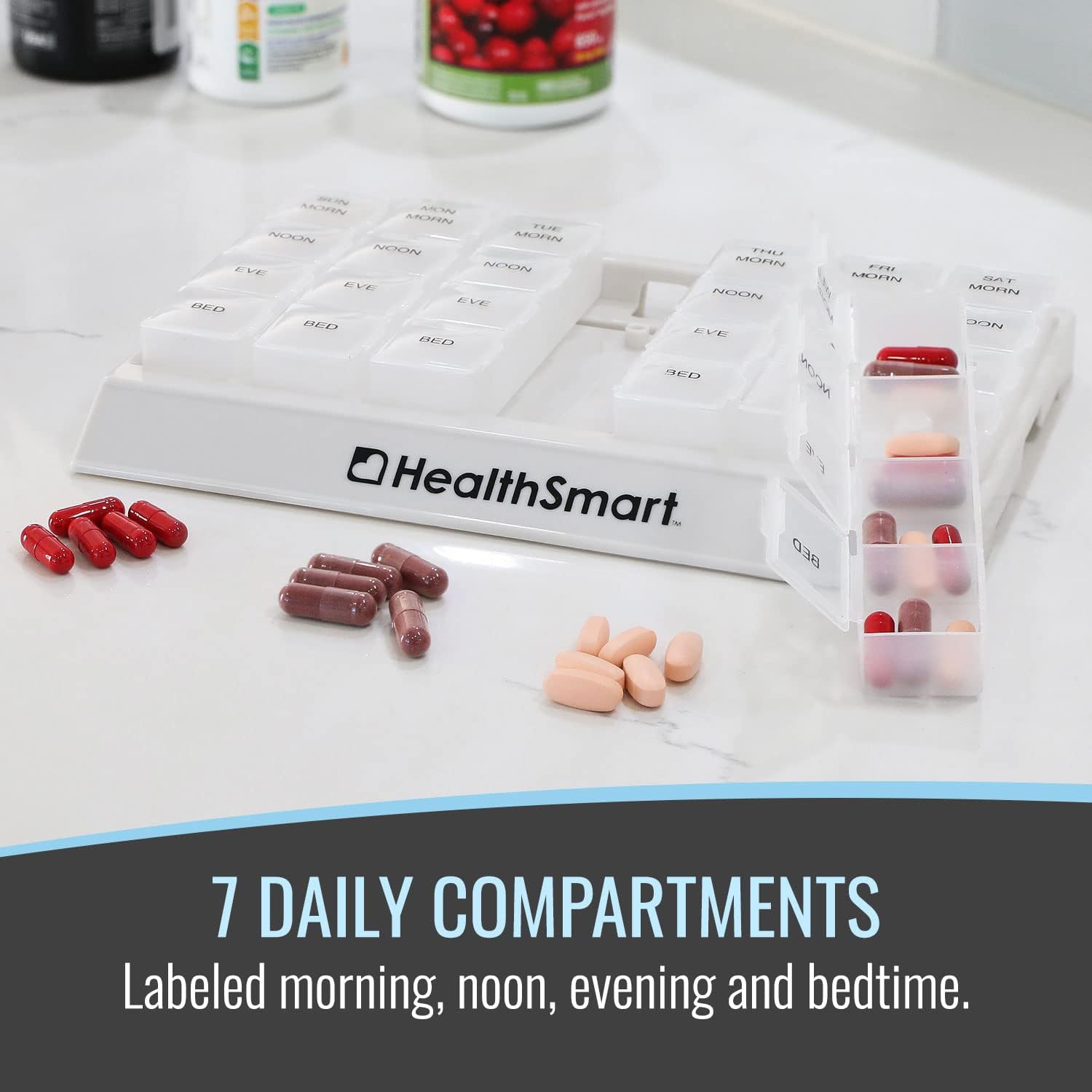 HealthSmart Weekly Pill Organizer 3 Times A Day, Medicine Organizer for Morning, Noon, Evening, and Night, Travel Pill Organizer, with Storage Tray, Clear (Pack of 2)
