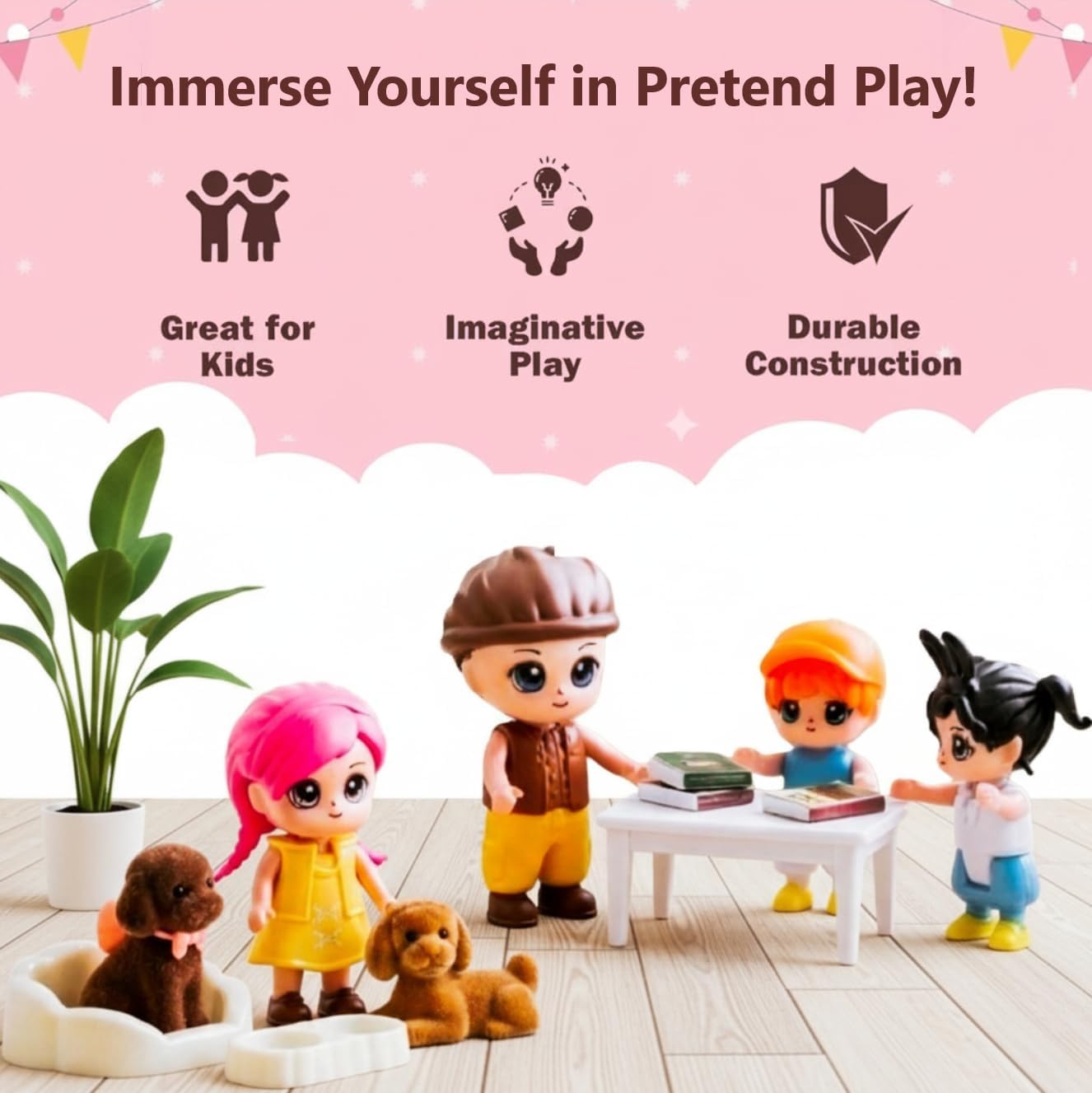 FUNERICA Dollhouse People & Pets – Velvety Furry Puppies, Pet Accessories & Posable Doll House Family Set – Dolls for Dollhouse, Little People Figures, Doll House Accessories and Furniture