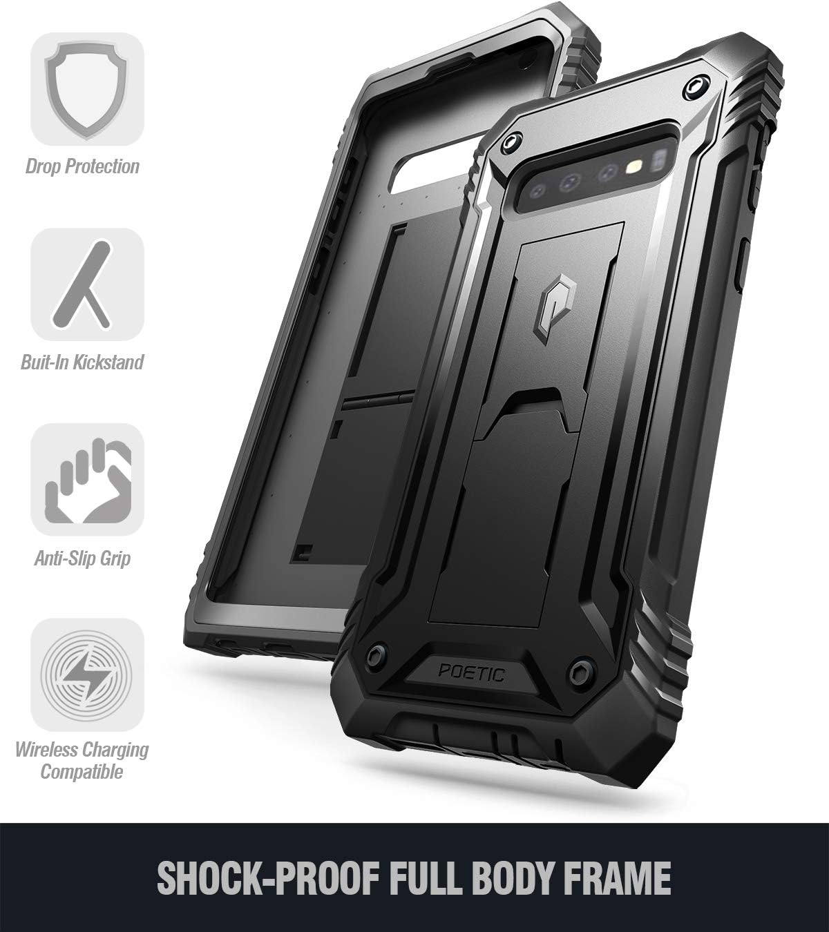 Poetic Galaxy S10 Plus Rugged Case with Kickstand, Heavy Duty Military Grade Full Body Cover, Without Built-in-Screen Protector, Revolution Series, for Samsung Galaxy S10+ Plus 6.4 Inch (2019), Black