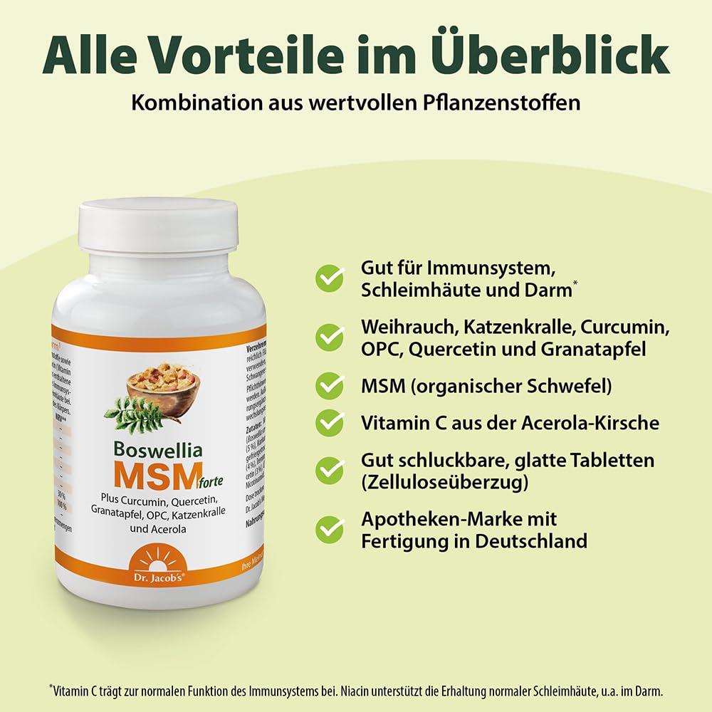 Boswellia MSM forte I Weihrauch, MSM (organischer Schwefel), Katzenkralle, Curcumin, OPC, Quercetin, Granatapfel I für Immunsystem¹, Schleimhäute und Darm² I 90 Tabletten, 30 Portionen I vegan