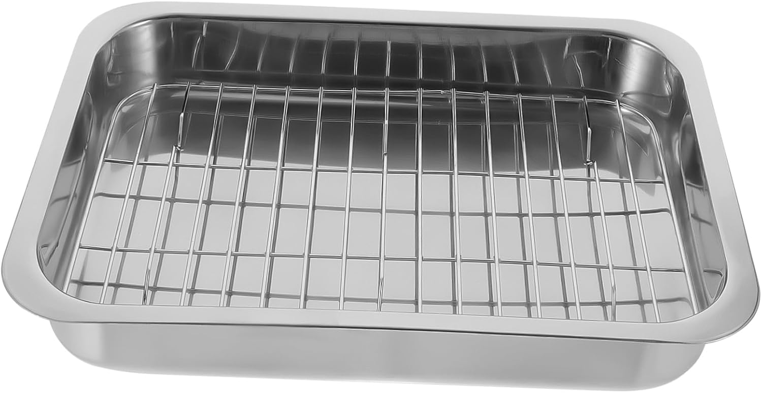 Stainless Steel Rectangular Oven Tray with Rack Sturdy Baking Tray Kit for Kitchen Cooking Dishwasher-Safe for Roasting and Baking
