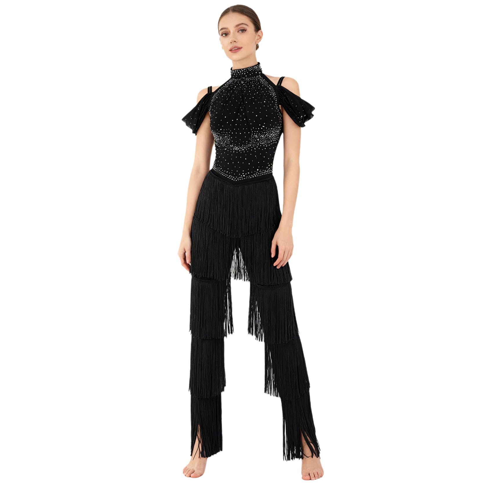 inlzdz Damen Latein Tanz Overall Einteiler Jumpsuit Off Shoulder Tanzanzug mit Glitzer Fransen Swing Samba Cha Cha Ballroom Wettbewerb Outfit