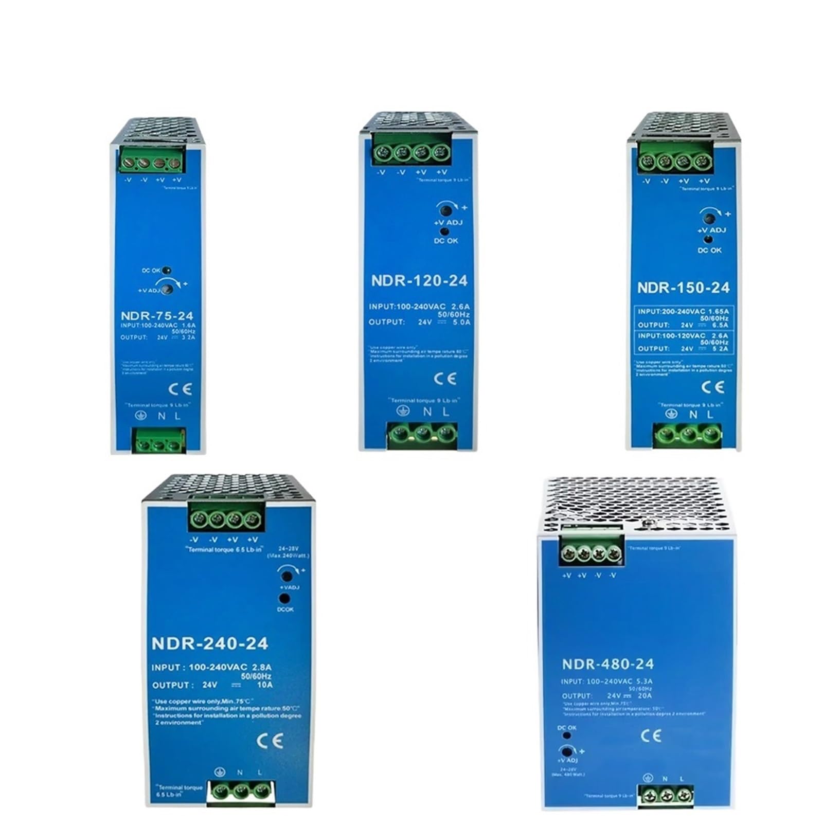 1 unidad de fuente de alimentación industrial mini AC/DC de 5 V, 12 V, 24 V, 48 V, MDR-20 W, 60 W, 100 W, con interruptor de salida única.(NDR-150W-24V 5.2A)