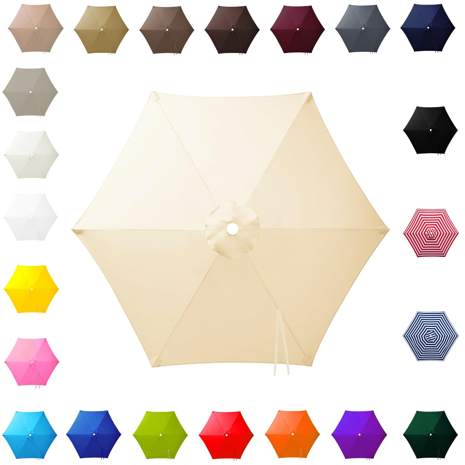 3.0m Replacement Parasol Canopy for 6 Arms, 2m-3m Patio Umbrella Cloth, Waterproof Outdoor Garden Canopy, Beach Parasols Covers, Fabric Sun Shade Top Only, for Pool Lawn(Beige,2.50m/8.2ft)