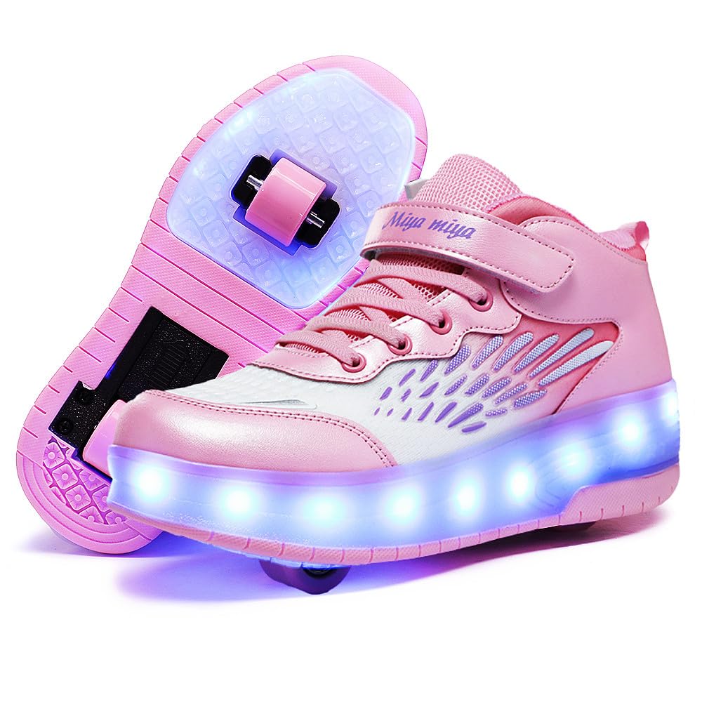GIMKOUNN Roller Shoes Girls Sneakers USB Rechargeable 2 Wheels Shoes Roller Skates for Beginner Trainers 16 Modes LED Lights Up Flashing Sneaker for