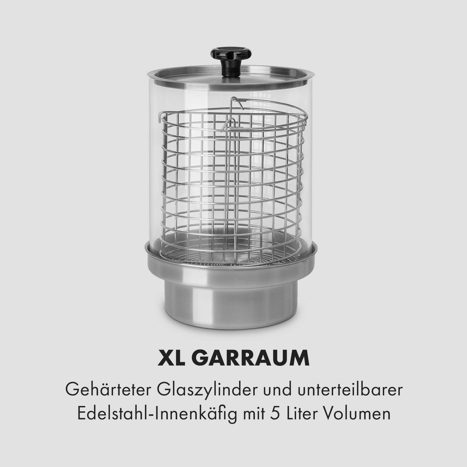Klarstein Pro Wurstfabrik 450 Profi Hot Dog Maker, 450 Watt, 30-100 °C, Glaszylinder: Ø 20 cm, unterteilbarer Edelstahlkäfig: Ø 17 cm / 5 Liter, Edelstahl, Wassertank: 1,1 Liter, silber
