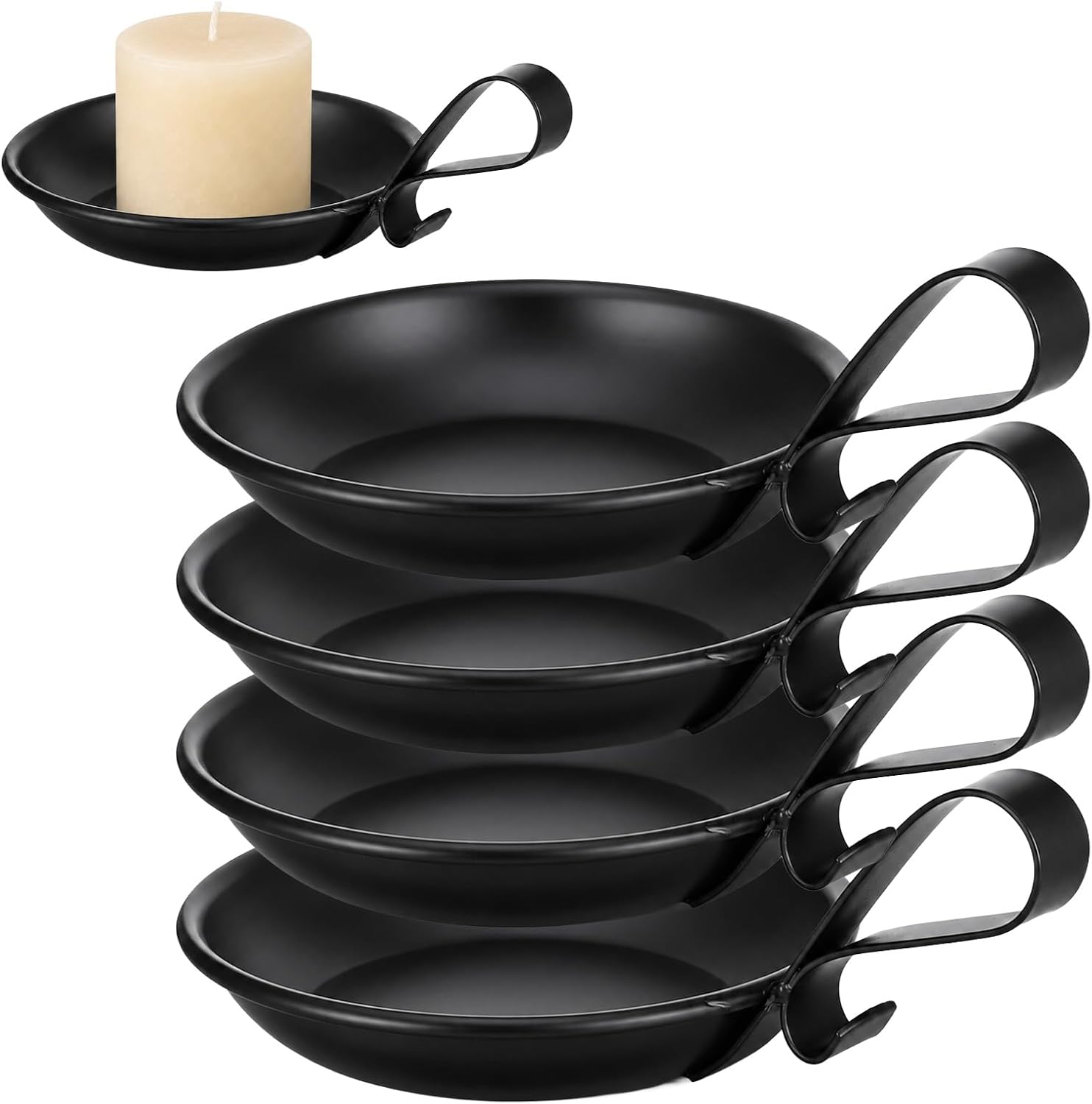Pillar Candle Holder Set of 4 Black Iron Round Base with Handle for Candles