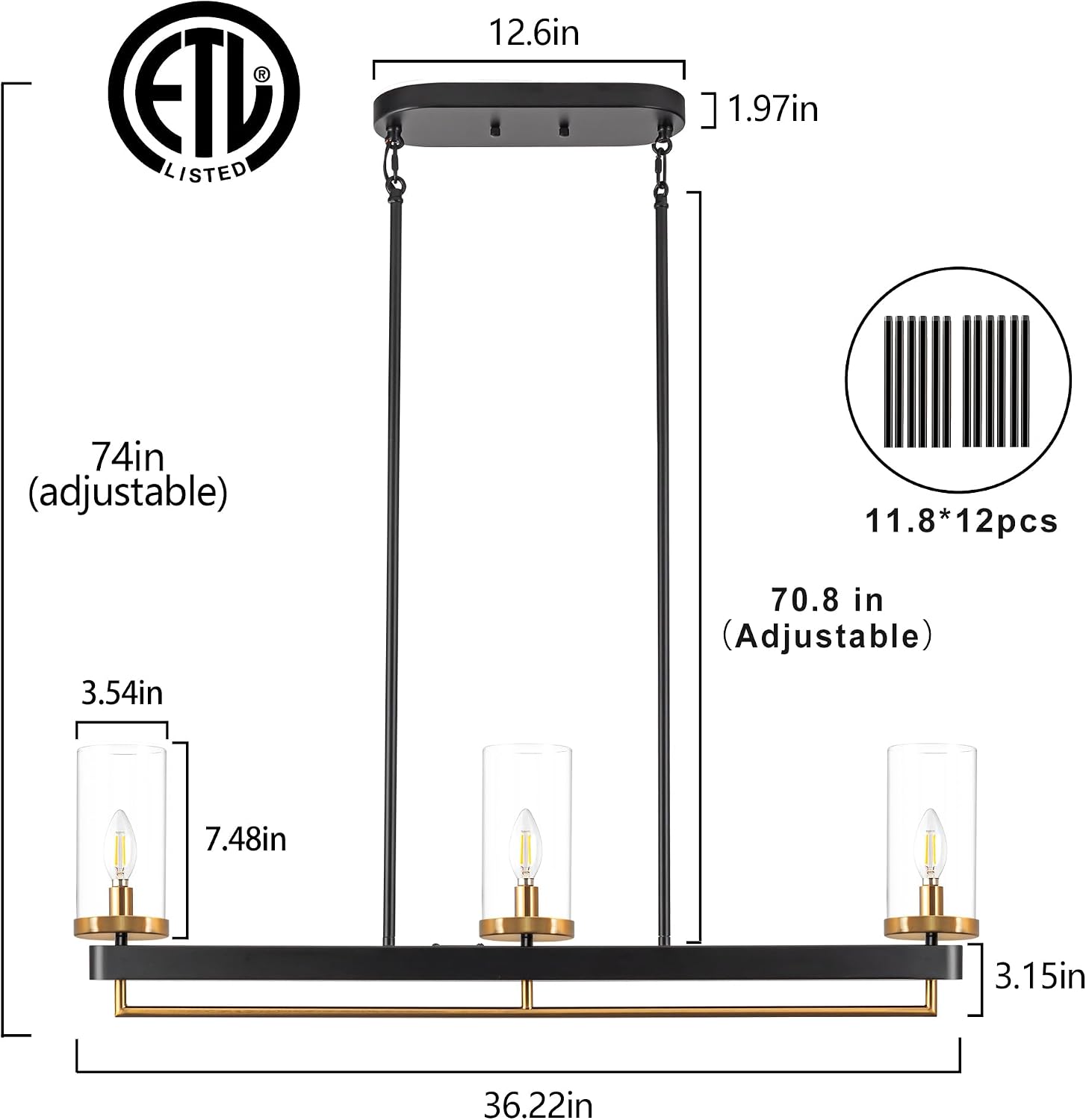 Dining Room Light Fixture 36.2" Pendant Lights Kitchen island Linear Chandeliers for Dining Room 3 Lights Black and Gold Island Lights for Kitchen with Clear Glass Shade Industrial Height Adjustable