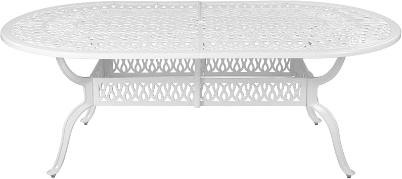 VIVIJASON Large Patio Dining Table, Outdoor Oval Dining Table Fits for 6-8 Person, White Cast Aluminum Rustic Patio Table with Umbrella Hole for Balcony, Porch and Deck