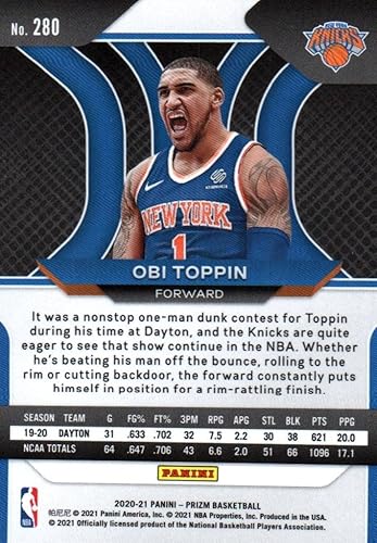 Miniatura 2 de Obi Toppin Panini Prizm Rookie Card Collectible Basketball Card - 2021 Panini Basketball Card #280 (Knicks) Free Shipping