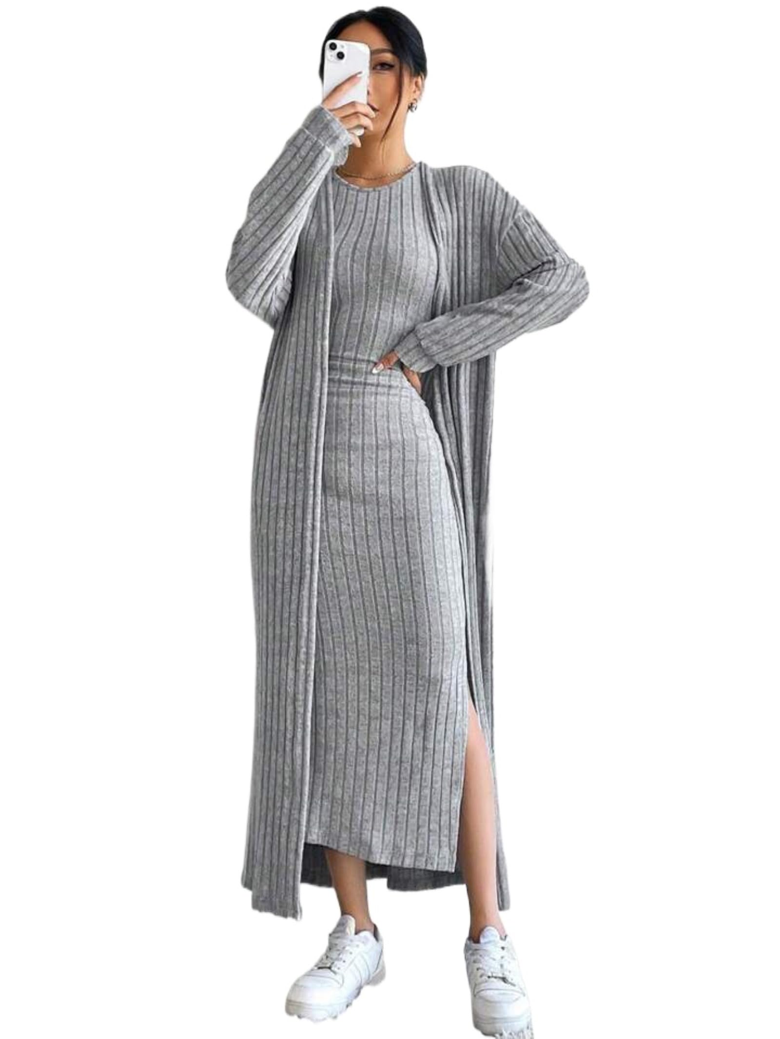 Womens Autumn Sweater Dress Set Fashion Vest Dress Cardigan Long Sleeve Long Coat Two-Piece Set