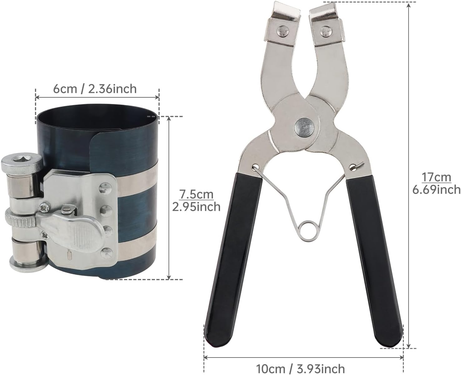 3inch Piston Ring Compressor Tool, Adjustable 2-1/8 Inch To 7 Inch 53mm - 175mm Car Engine Piston Ring Installer Removal Kit with Piston Installer Plier