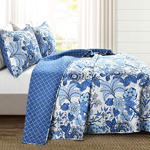 Image of Lush Decor Sydney Reversible Cotton Quilt Set, 3 Piece Set, Full /Queen, Navy & White - Cotton Bedding Set - Navy Floral Quilt - Cottage Decor - Bedding Queen Size