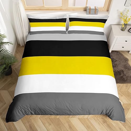 Erosebridal Juego de ropa de cama de color amarillo, negro y gris, funda de edredón de rayas geométricas de retazos individual, blanco, gris oscuro,