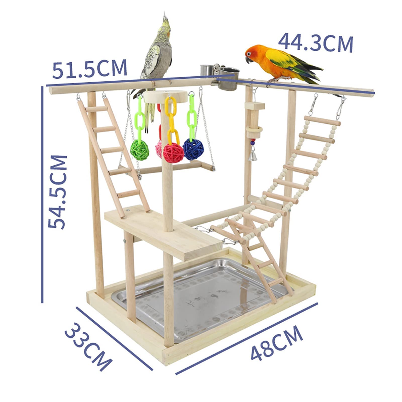 Pappagallo Playstand, Palestra gioco per uccelli, scaletta in legno, giocattolo da masticare con ciotole, centro esercizi per calopsitta