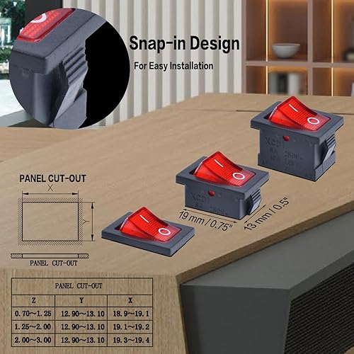 Miniatura 5 de Interruptor basculante para barco, 5 unidades, interruptor de palanca a presión, SPST de encendidoapagado, LED rojo, 3 pines, 2 posiciones, CA 250