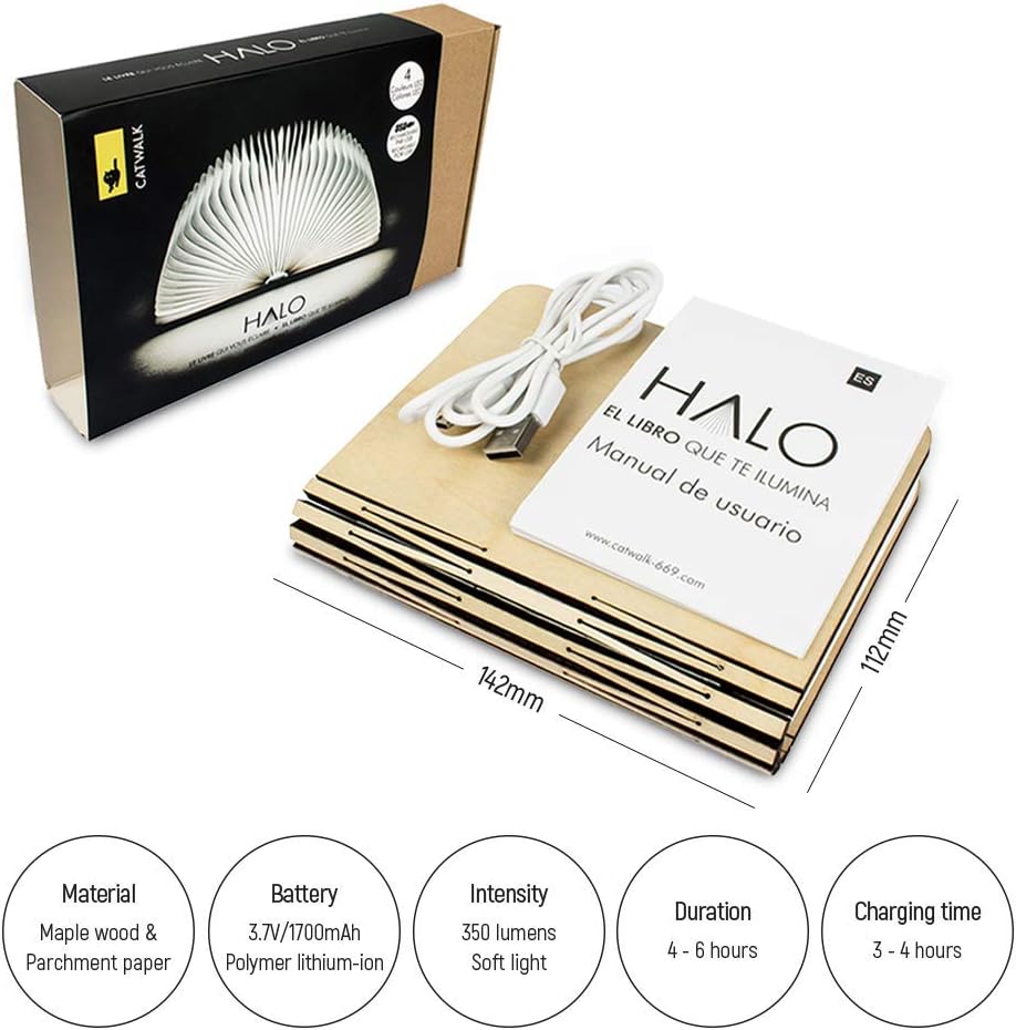 Catwalk Folding Book Lamp - Wooden Rechargeable Light - Smart Luminescent Book Shaped Lamp - Bosqueen Novelty Home & Office Décor - Foldable, Accordian Night Light for Booklovers.