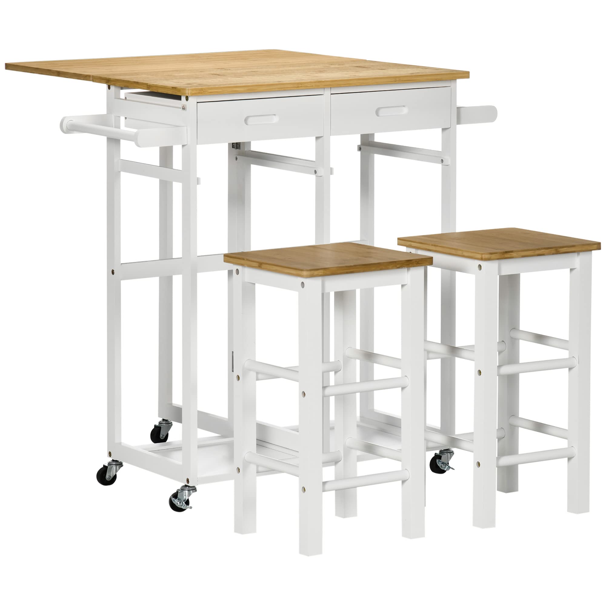HOMCOM Ensemble Table de Bar Chariot de Cuisine Table de Cuisine Pliante roulettes + 2 tabourets Blanc et Bois Clair - 2 tiroirs et Porte-torchons