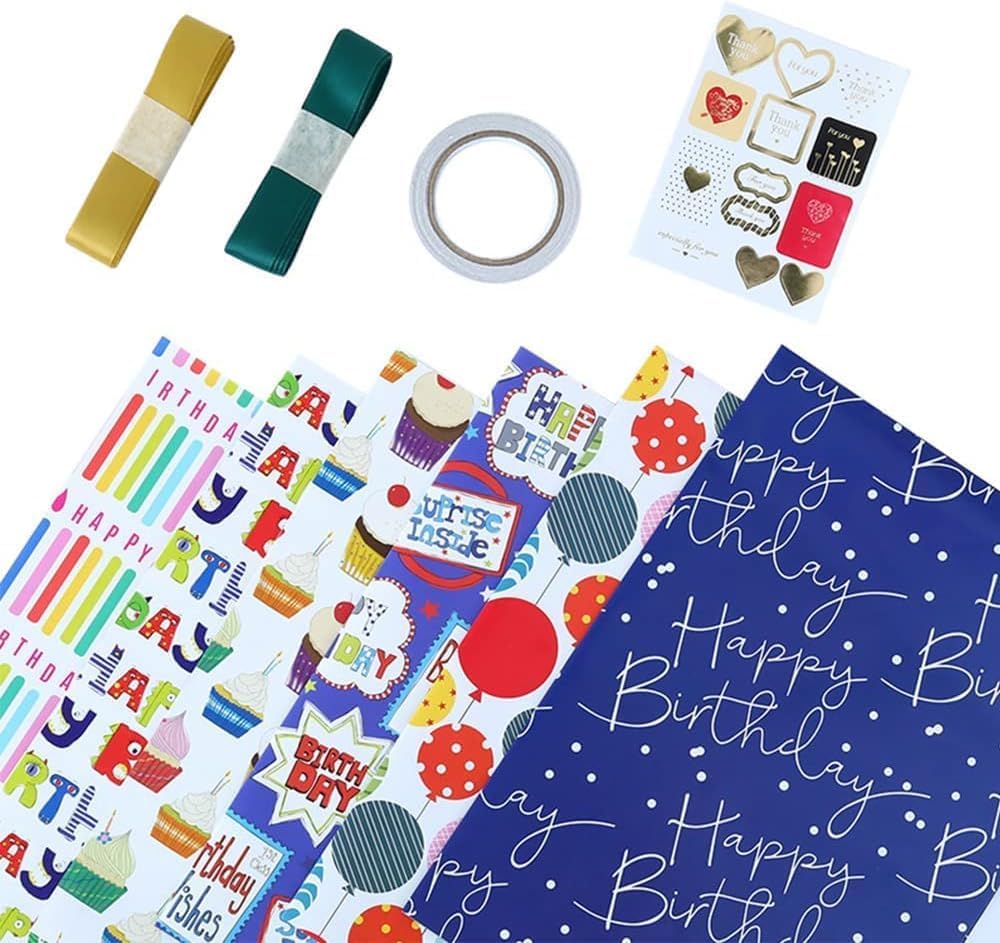 Gift Wrapping Paper sheets Set Included 6 Pack Gift Wrap Paper with Ribbon Sticker and Tape for Birthday Party Wedding Graduation Mothers Day Eid Boys Girls kids baby Men Women 50 cm X 70 cm Per Sheet