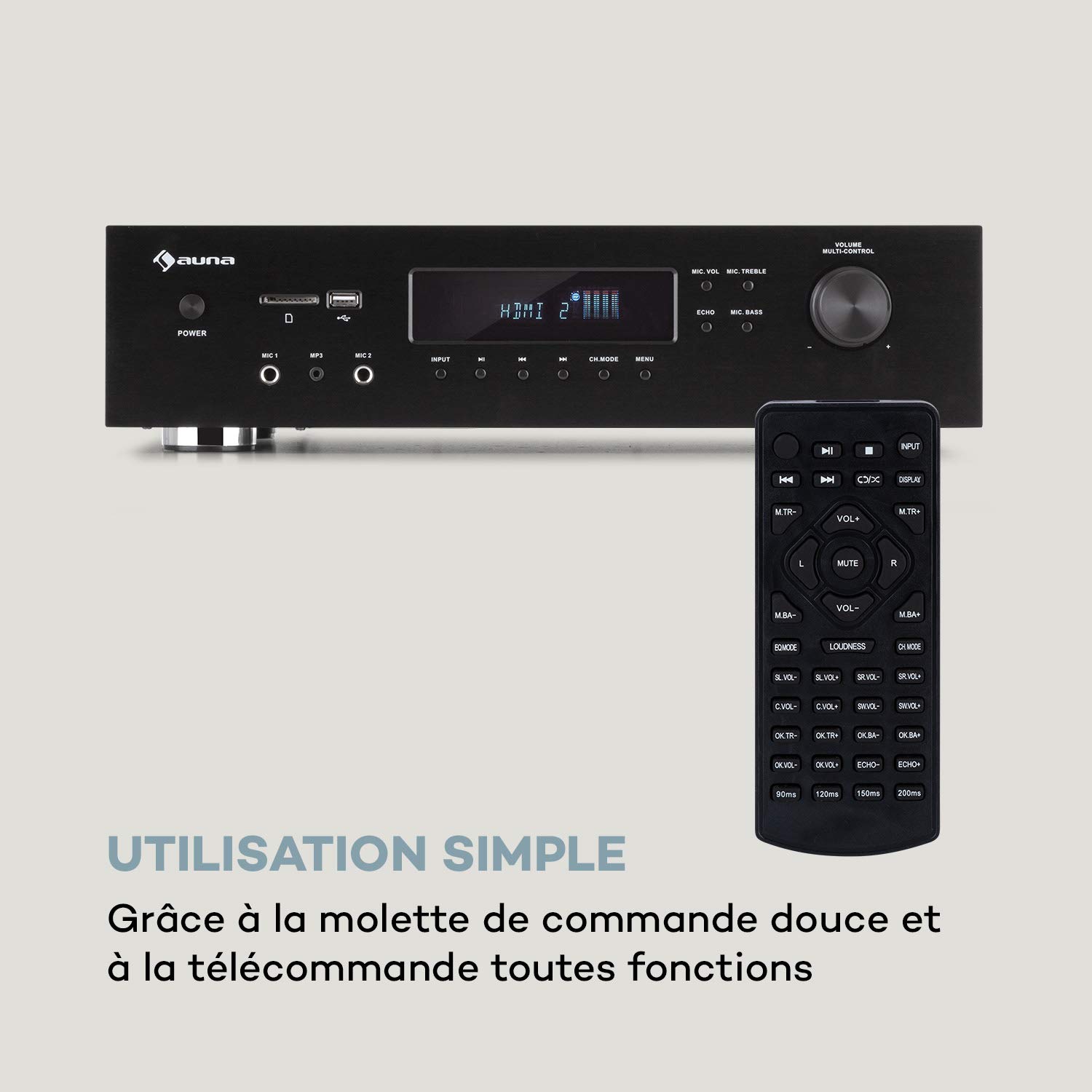 AUNA AMP-H260 5.1 Equalizer-Empfänger, 2 x 100 W + 3 x 20 W RMS, Bluetooth-Funktion, USB-Port, SD-Player, Opt. & Koaxial; Digital-In, 2 x HDMI-In / 1 x HDMI-Out - schwarz