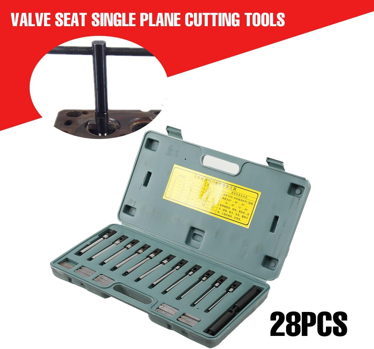28Pcs Valve Seat Single Plane Cutting Tools Universal Boring Cutters Suitable for Diameter 22-63mm Valve, 14x Cutter Blades 11x Cutter Arbors 2x Handle 1x Lever, Engine Automotive Repair Tool