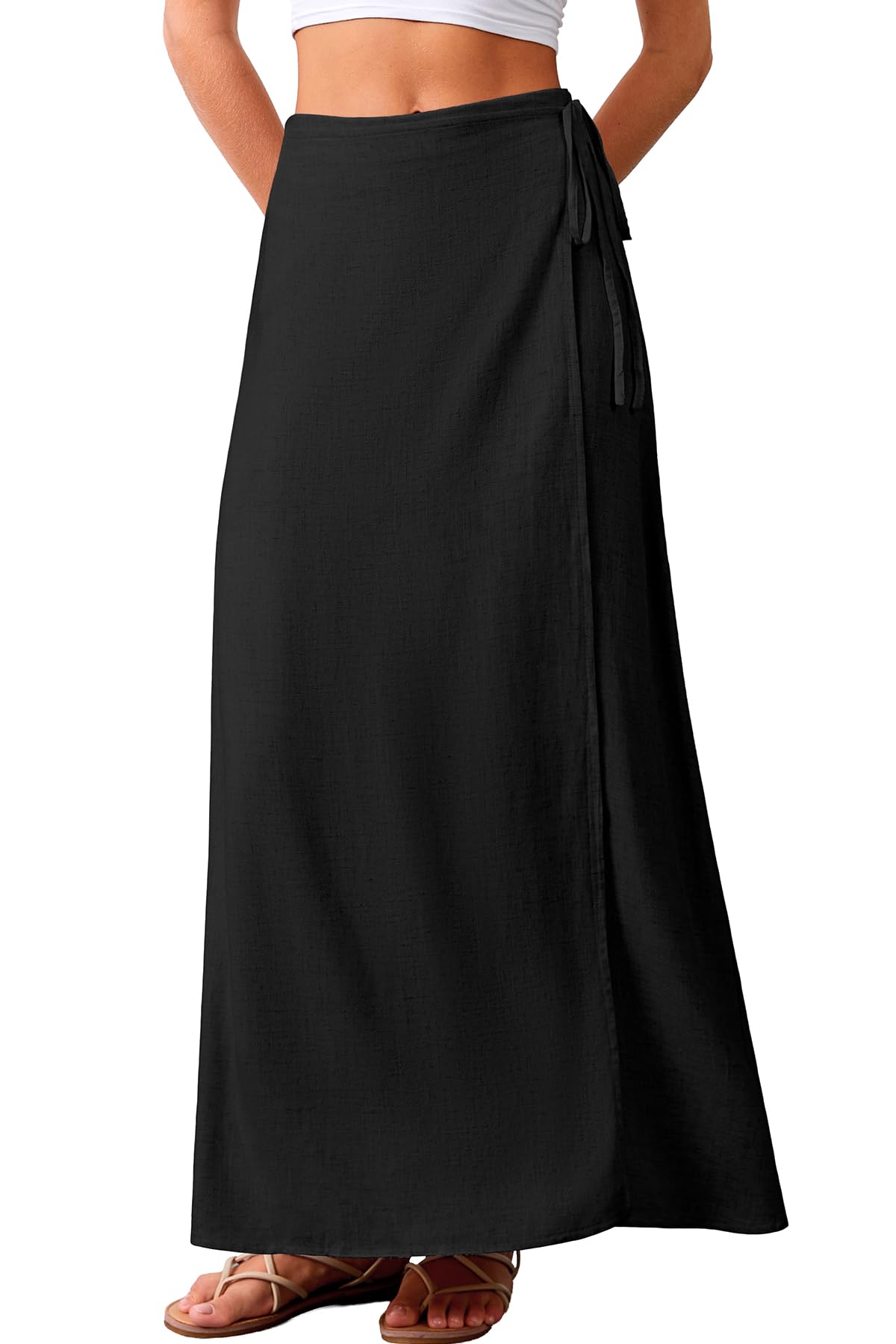 Photo 1 of ELLEVEN Women's Linen Long Wrap Skirt Flowy Trendy Summer Elastic Waist Maxi Ankle Length Casual High Waisted A Line Vintage Sexy Boho Low Ries Midi Beach Vacations Skirts Black Small