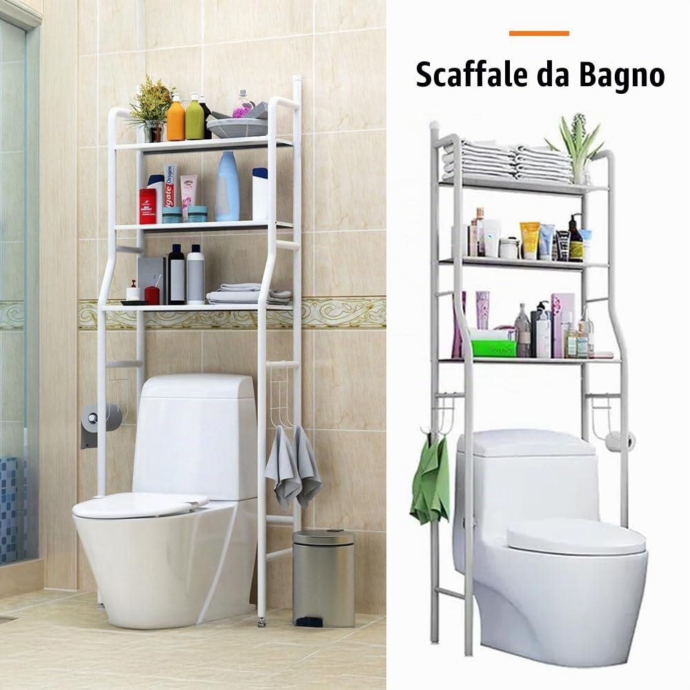 Mensola da bagno su WC – 3 ripiani – Scaffale in metallo bianco per accessori da bagno, asciugamani, prodotti per la pulizia – Mensola salvaspazio su WC o lavatrice