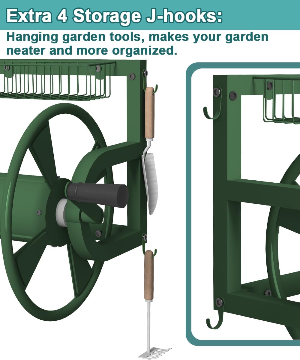 Artigarden Outdoor Wall Mounted Hose Reel with Hook, Garden Heavy-Duty Water Holder Winder with 3.9 ft Leader Hose, Brass Fitting and Storage Basket for Yard, Holds 125 Ft of 5/8-Inch Hoses, Green