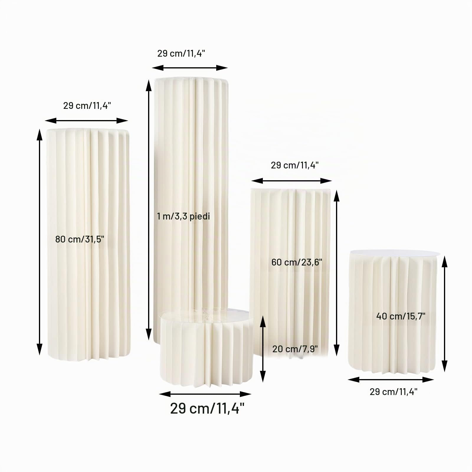 Set di 5 supporti per fiori in cartone bianco con piastra in PVC, colonne decorative pieghevoli, 20-100 cm, stabili e riutilizzabili, per matrimoni, feste e decorazioni da tavolo, portata 50 kg