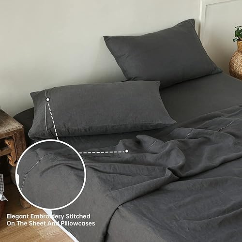 Miniatura 5 de Simple&Opulence Juego de sábanas de lino 100% belga bordado color liso Super suave lavado a la piedra