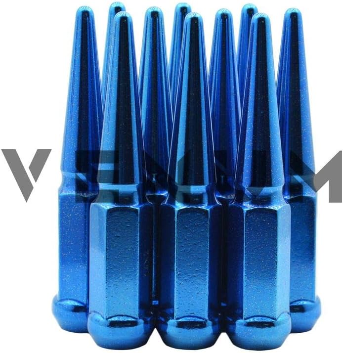 32 Pc Candy Blue Metallic Sparkle Spike Lug Nuts Powder Coated | Steel | 4.5" Tall | M14x1.5 Thread Pitch + 1 Key Works With Silverado Sierra 2500HD 3500HD H2 Duramax W/ Aftermarket Wheels