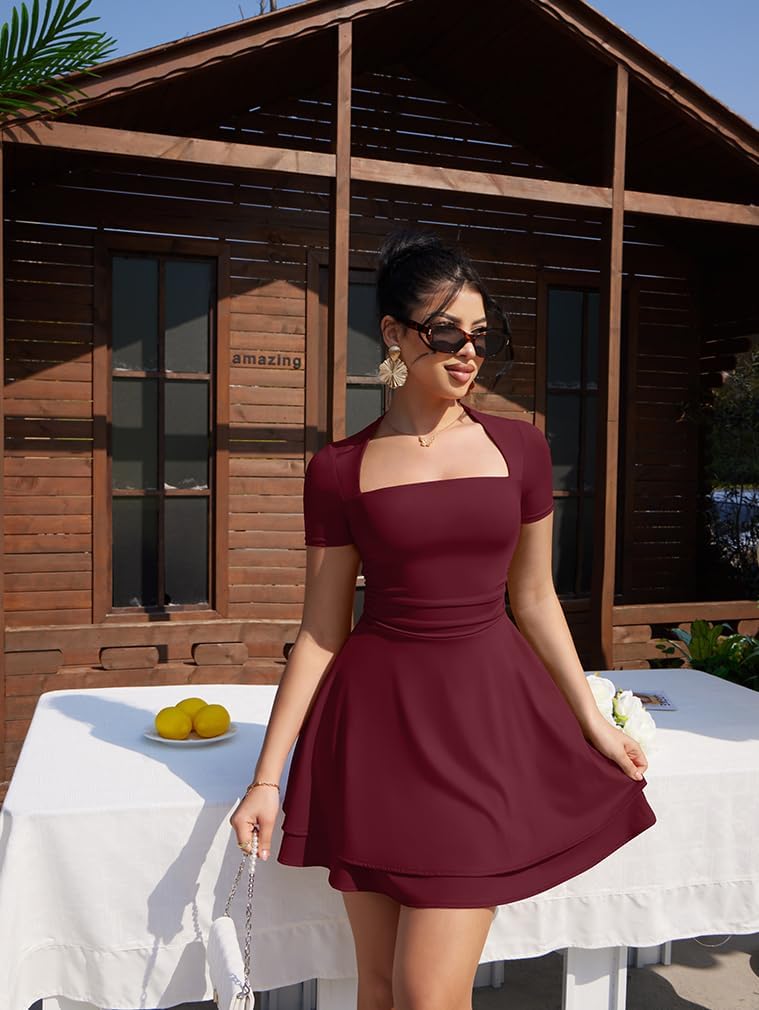 XXTAXN Women's Sexy Square Neck Short Sleeve Ruched Tiered Ruffle Hem Flowy Club Party Mini Dress - Image 8