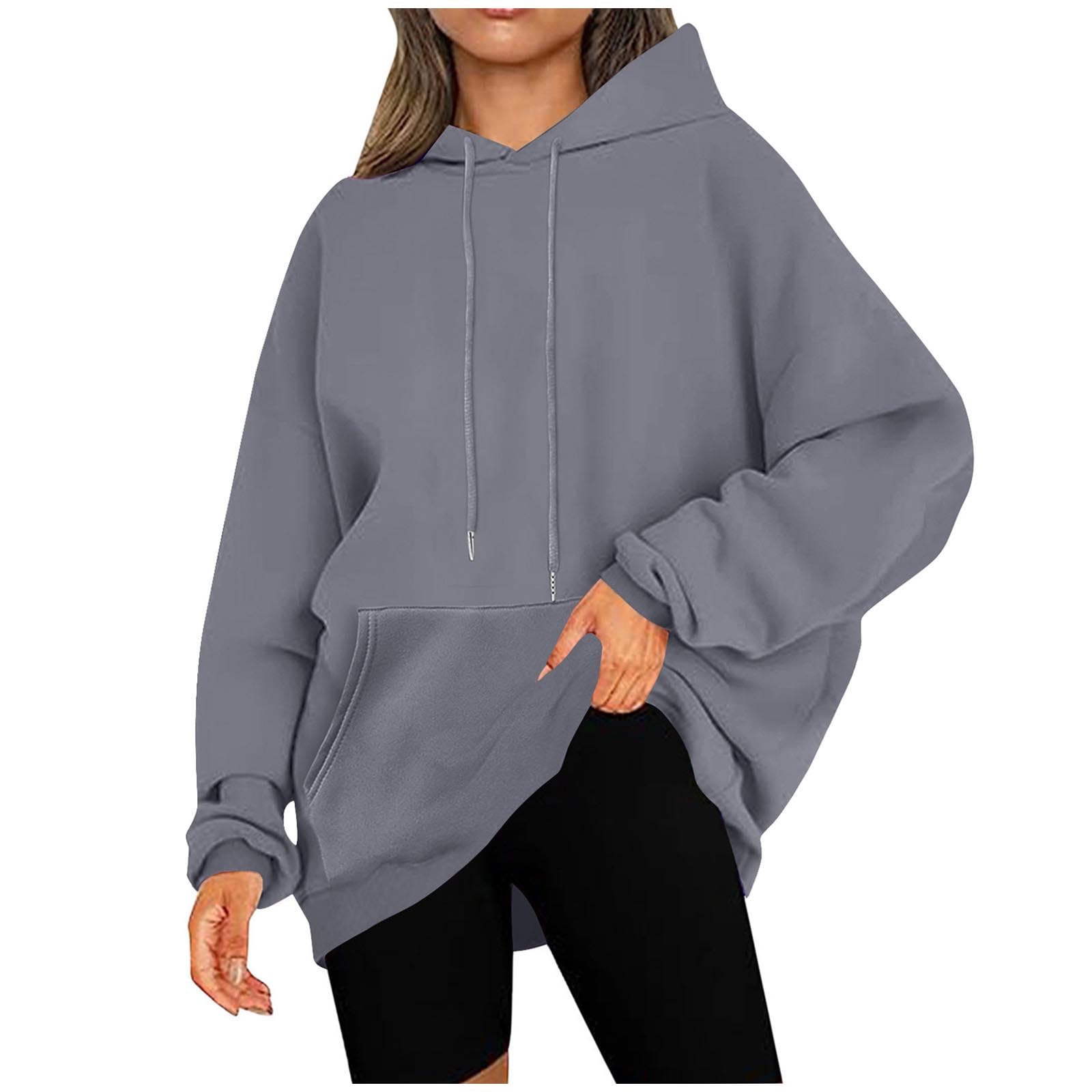 UHouse Oversized Hoodie Damen Sweatshirt mit Kapuze Pullover Casual Hoody Lang Einfarbige Kapuzenpullover Lässig Sweatjacke Lockere Kapuzenpulli Herbst Kleidung Dunkelgrau 3XL