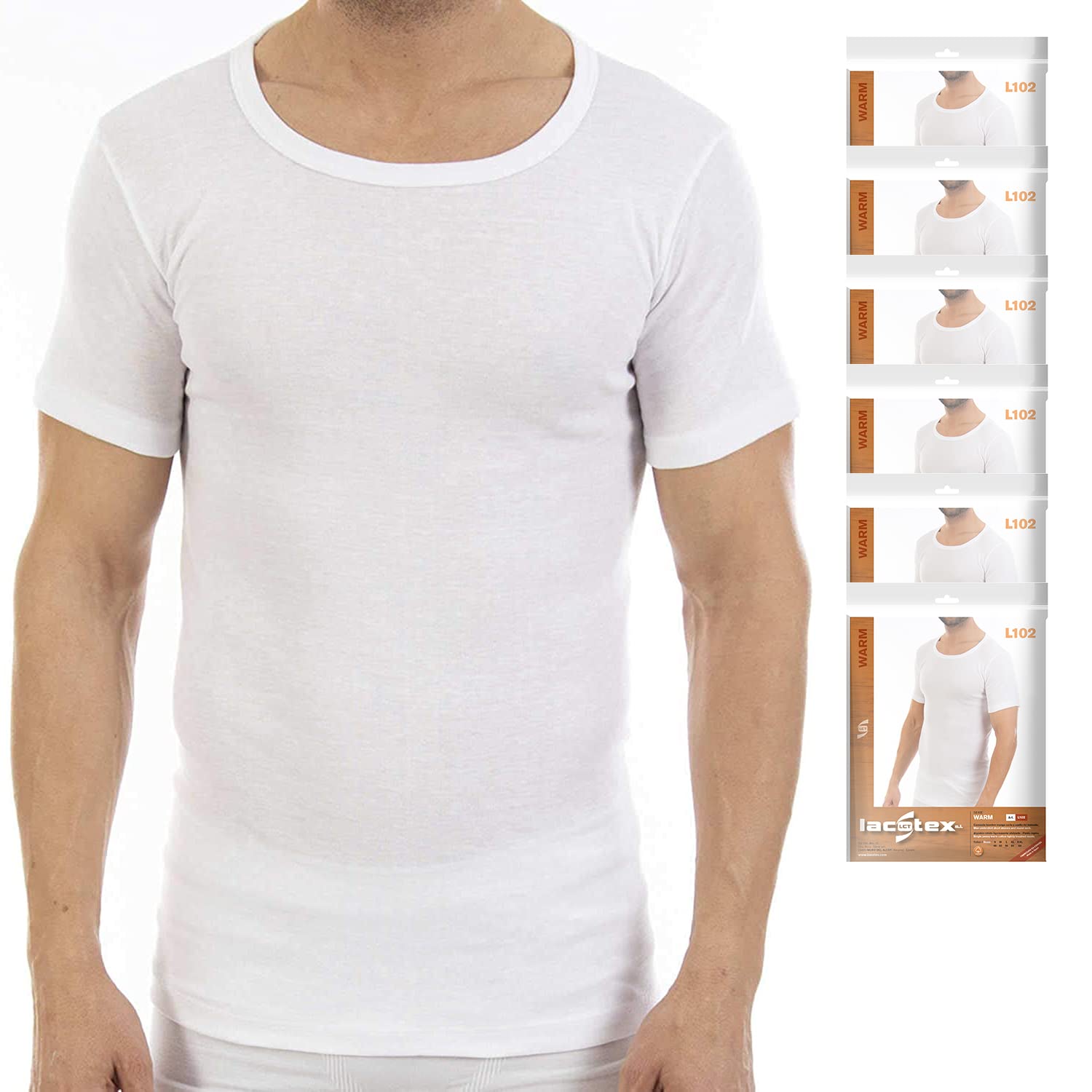 Lacotex Camiseta Interior Termal de Hombre | Camiseta Manga Corta y Cuello Redondo Térmica | Confort y Protección Térmica Interior | Pack Ahorro 6 Unidades | L102