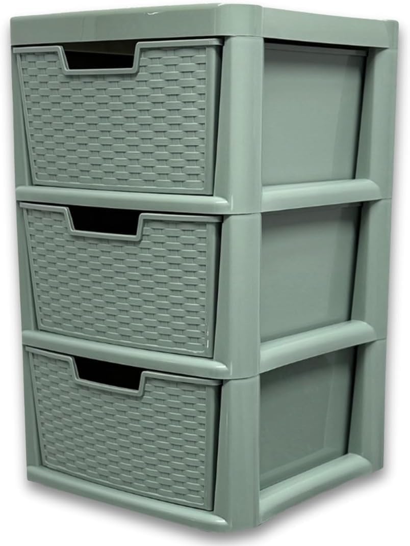 ALEEZ - Large Plastic Drawer Storage Unit - Rattan Effect 2 Drawer Cabinet - Multipurpose Storage Organiser - Office, Tabletop Desktop Drawer - Bedroom Chest Drawer Unit - (Sage Green, 3 Drawer)