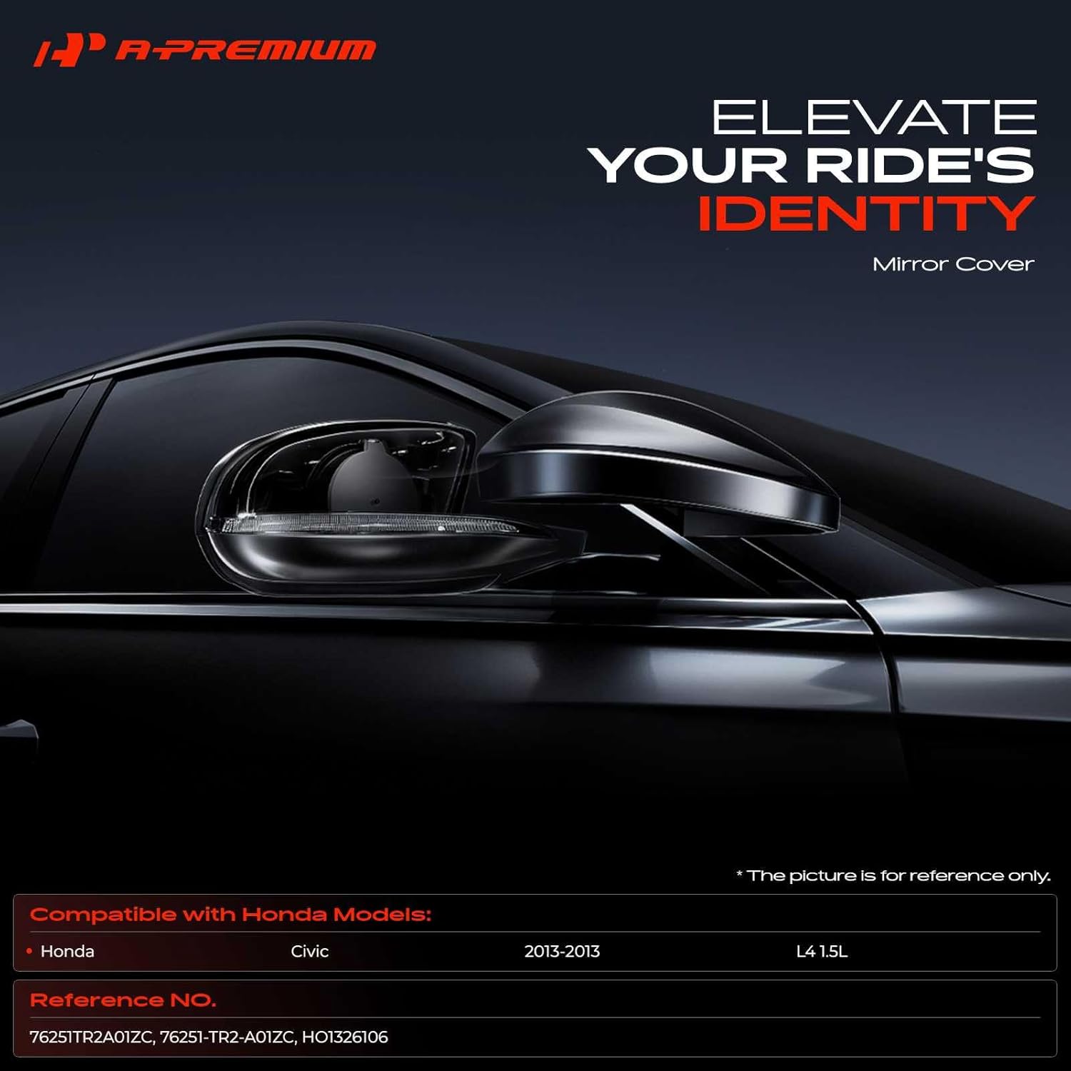 A-Premium Driver Side Rearview Mirror Cover Cap - Compatible with Honda Civic 2013 - Smooth Black, with Turn Signal Hole