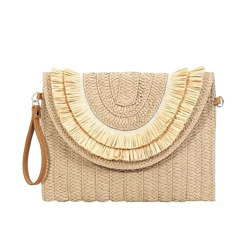 BLUE BEADS Natural Chic Straw Crossbody Bags for Women, Straw Clutch Purses, Bohemian Handmade Woven Envelope Package, Tassel Handbags for Women