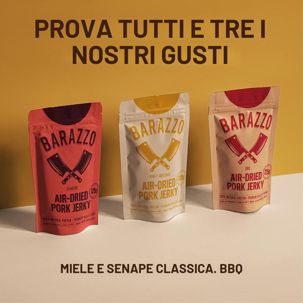 Barazzo Pork Jerky Senape al miele | 1 kg (8 sacchetti da 125 g) | 100% carne essiccata regionale premium | Beef Jerky/Biltong