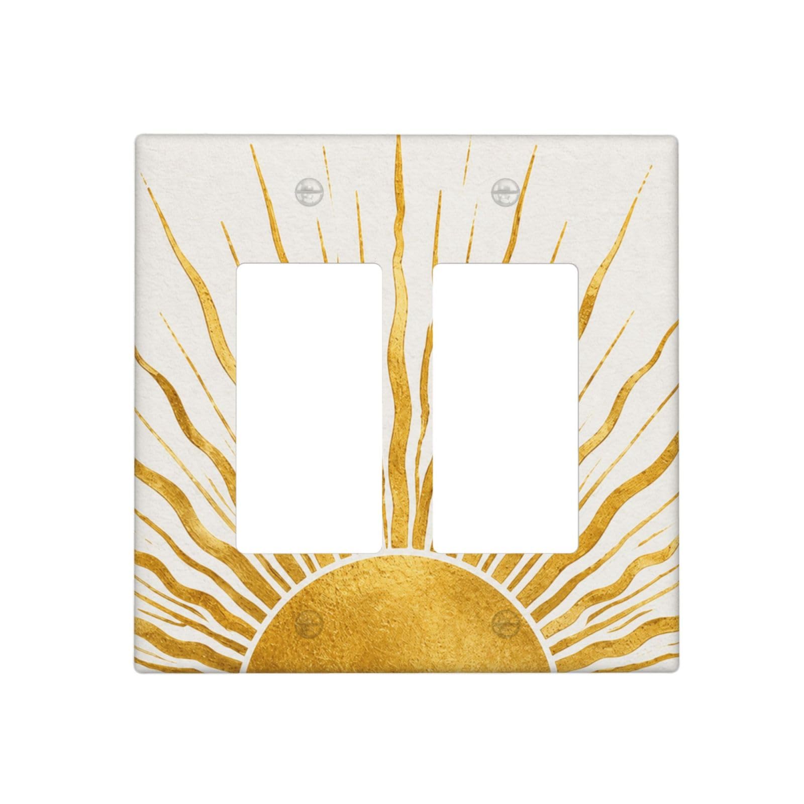 Xuejiaku Decorative Outlet Covers Boho Gold Sun 2 Gang Light Switch Cover Plate Double Rocker Wall Plate Modern Abstract Gold Sunburst Gfci Switchplate Faceplate for Bedroom Home Decor