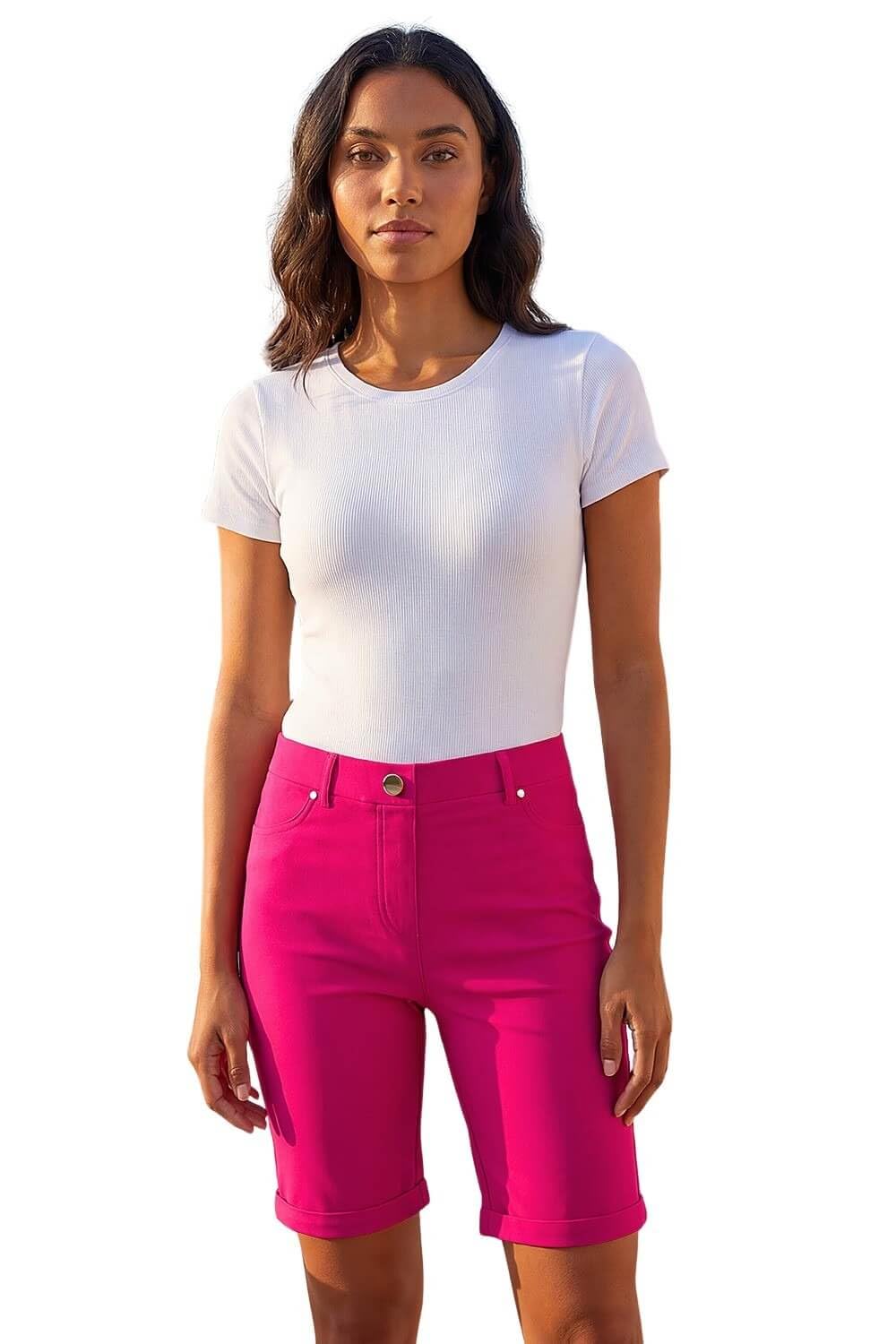 Roman Originals Women's Cerise Roman Stretch Shorts For Uk Pull On Turned Hem Cut Off Bengaline Mom Boyfriend Boy Denim Casual Cropped Pants Capri Slim Fit Turn Up Summer Crops Mother - Size 18
