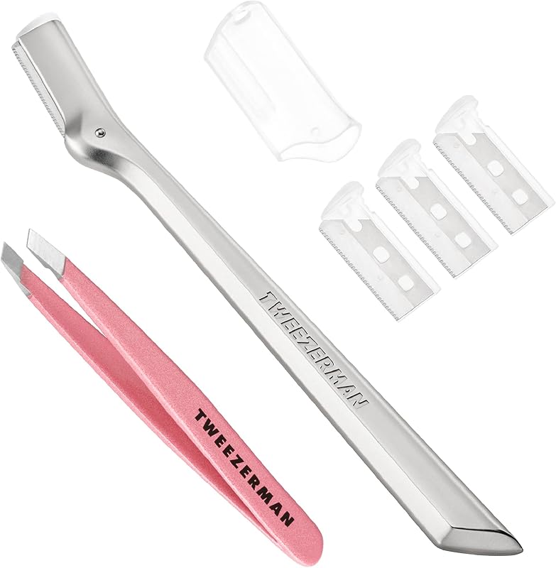 Kit Tweezerman com navalha para sobrancelhas e pinça Mini Slant Tea Rose