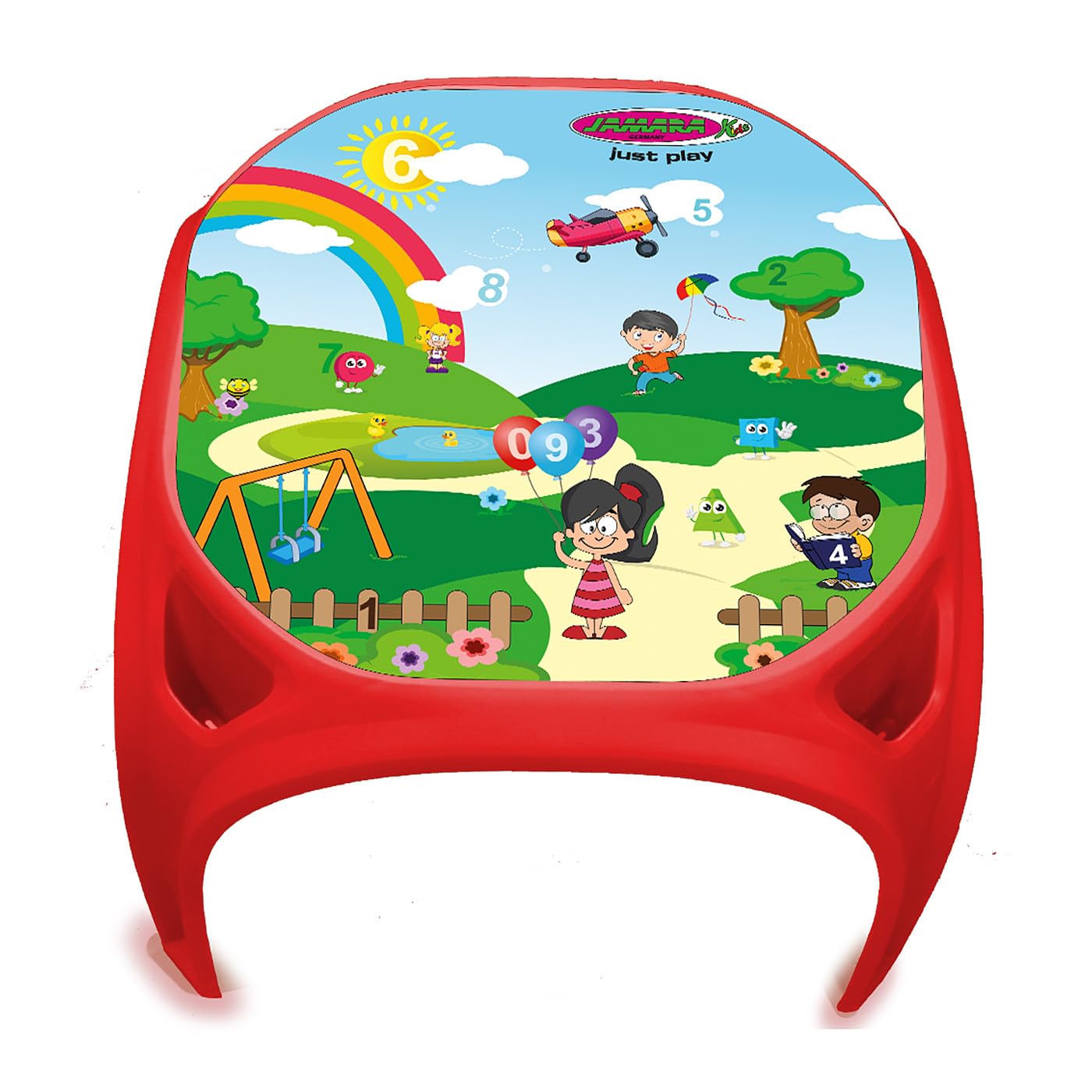 JAMARA 460751 Kindertisch Zahlenspass XL-aus robustem Kunststoff, Indoor-Outdoor geeignet, Aufdruck auf der Tischplatte, abgerundete Kanten, rutschfeste Gummifüße, rot