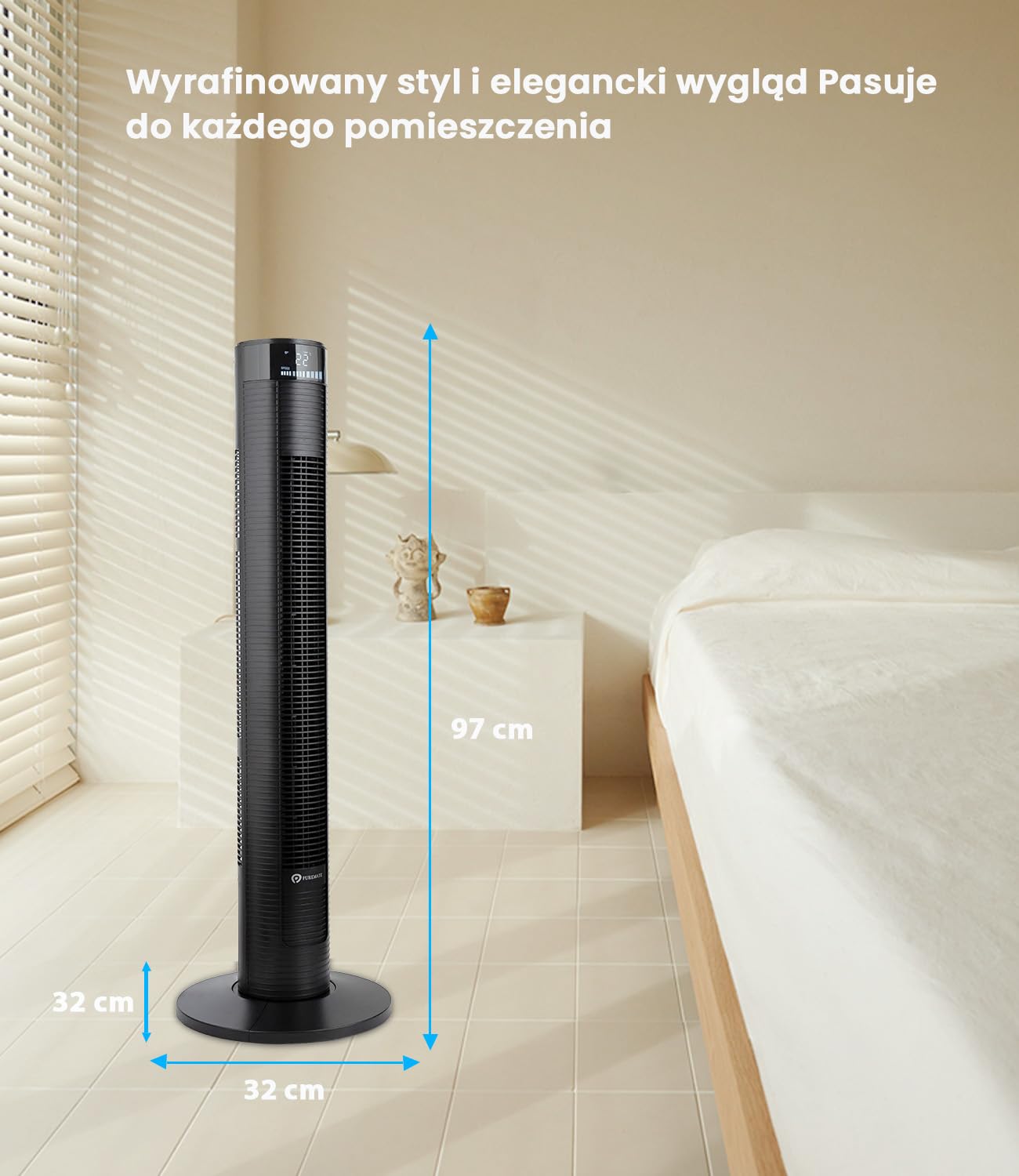 PureMate Cichy Wentylator Kolumnowy z Pilotem Zdalnego Sterowania, Wieżowy Stojący Podłogowy, 45W, Wysokość 97 cm, Bezśmigłowy Bezłopatkowy Chłodzący, Automatyczna Oscylacja 70°, 12h Timer