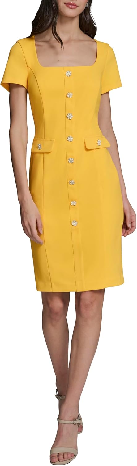 Karl Lagerfeld Women's Short Sleeve Square Neck Scuba Crepe Flower Buttons Faux Pockets Dress