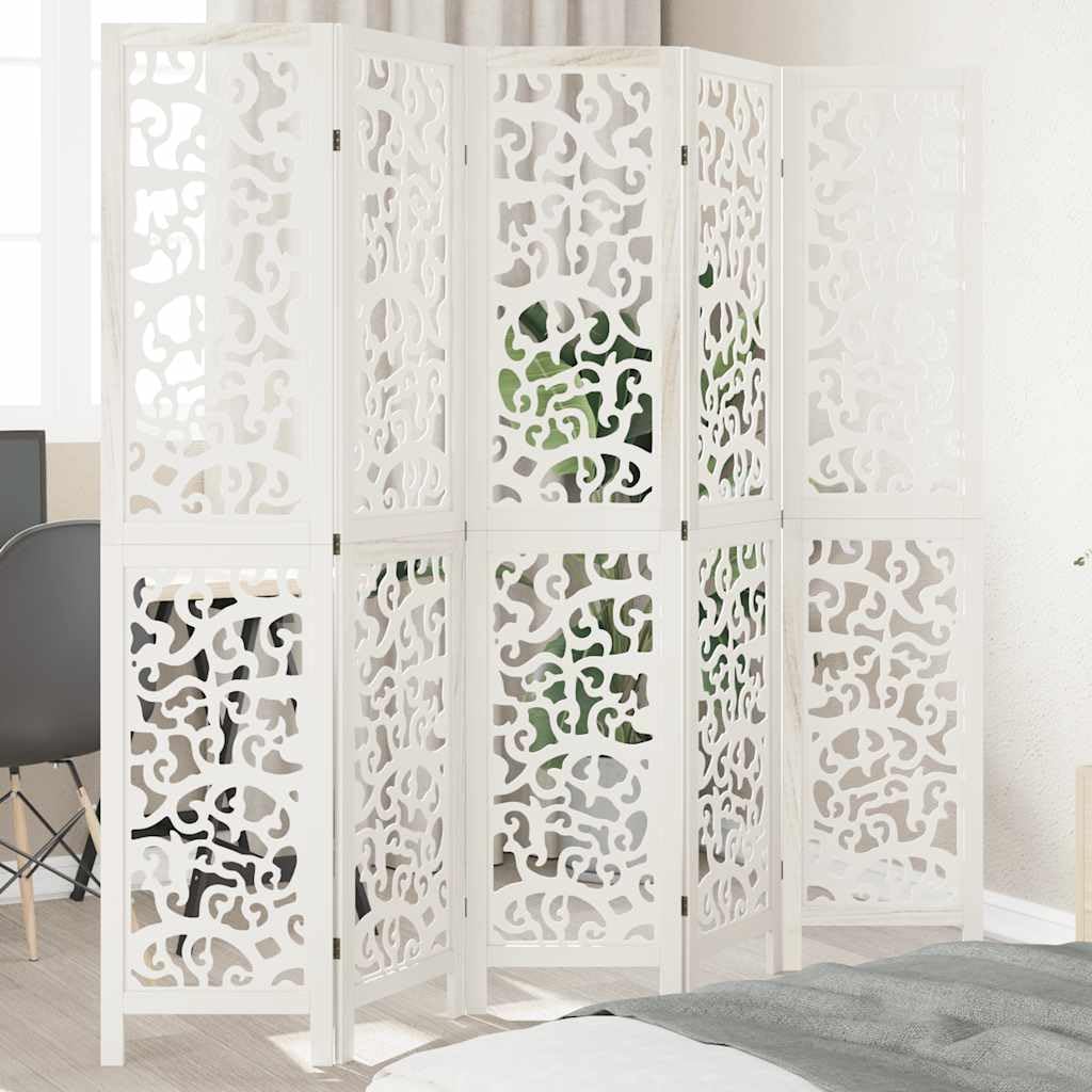 Paravent pliant 5 panneaux blanc en bois de paulownia massif pour intérieur