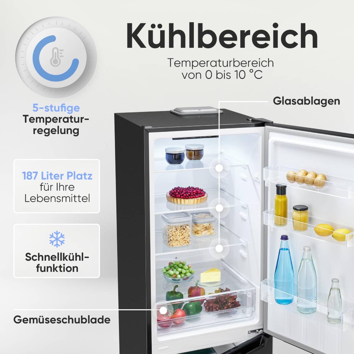 Bomann® Kühlschrank mit Gefrierfach | Energieklasse C | 176cm | LowFrost | 5 Jahre Kompressor-Garantie | Kühl Gefrierkombination leise | Türanschlag wechselbar | Kühlgefrierkombi | KG 7369 schwarz
